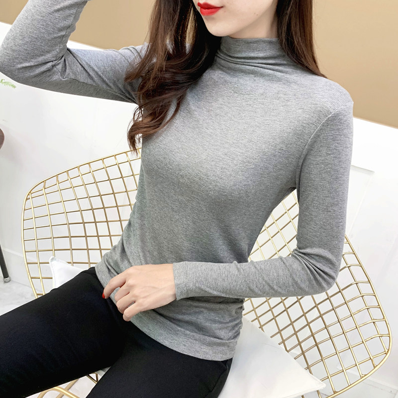 半高领堆堆领打底衫2019秋冬装新款下摆褶皱简约内搭长袖t恤衫女