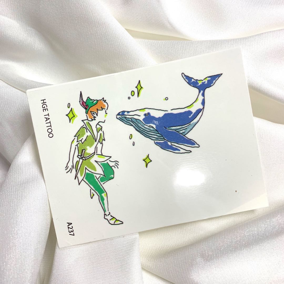 hge tattoo独家手绘 彼得潘与蓝鲸 可爱卡通防水纹身贴 a237