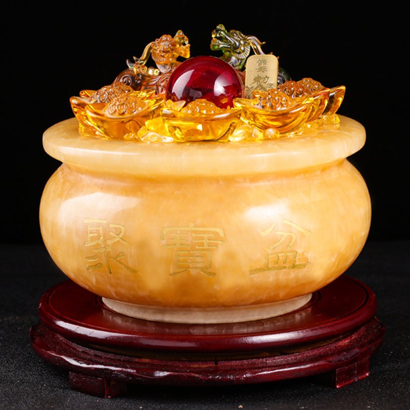 电视柜中式黄玉聚宝盆纳财聚财家居摆件玄关元宝水晶装饰品祝福