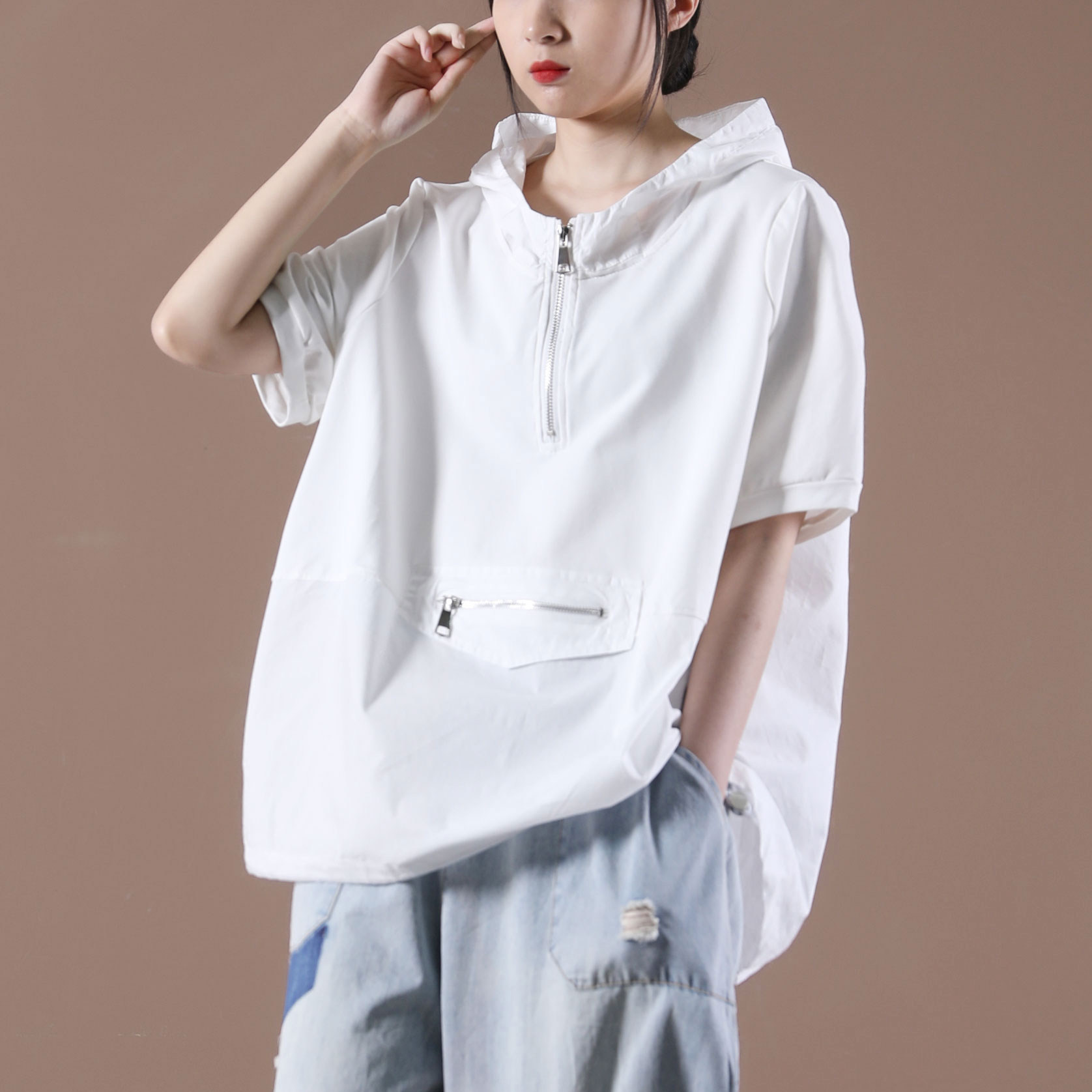 15拉链卫衣短袖口袋单口袋半拉连帽文艺大码卫衣
