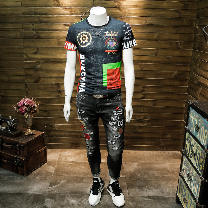 2022夏季新款冰丝短袖T恤男青年欧美印花潮牌男装半袖大码镂空潮t