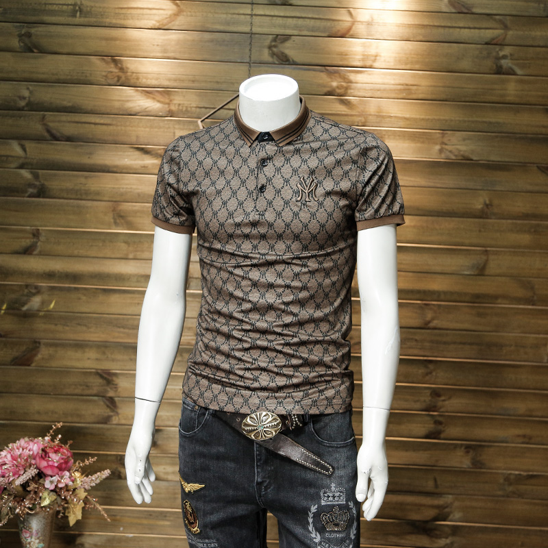 翻领短袖POLO衫男士青年欧美个性刺绣复古花纹夏季纯棉体恤上衣t