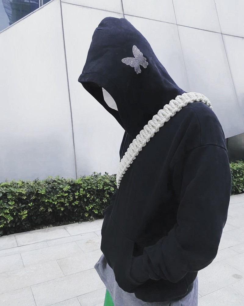 复古vibe蝴蝶闪钻打底wookvibe连帽情侣男式宽松卫衣