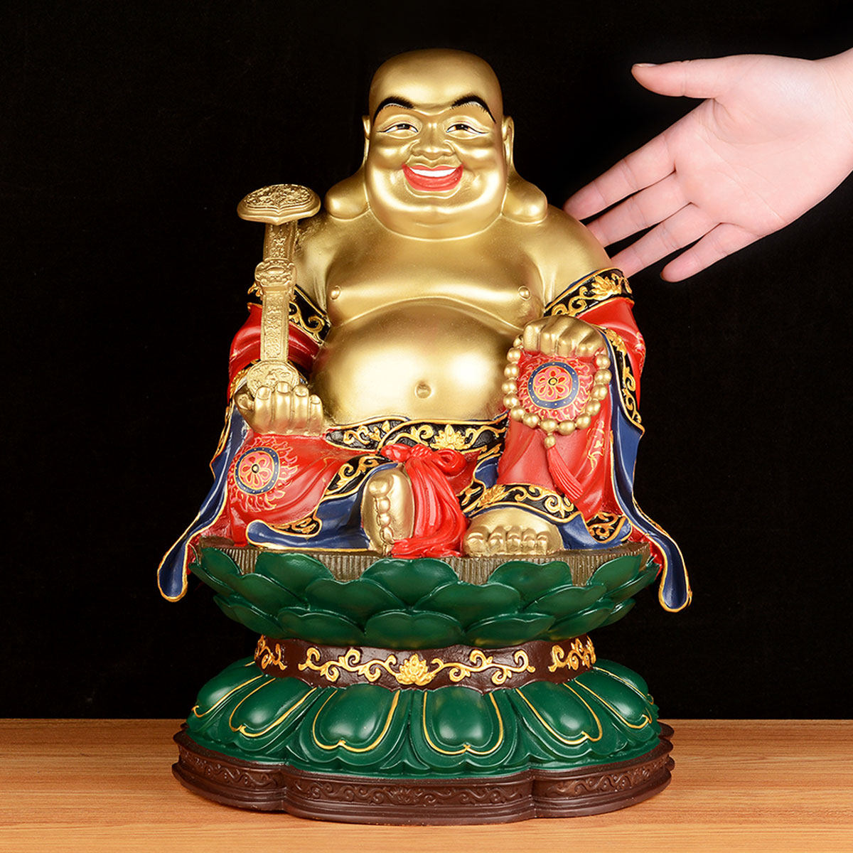 弥勒铜像彩铜笑佛如意佛坐大肚摆件佛堂香案摆件