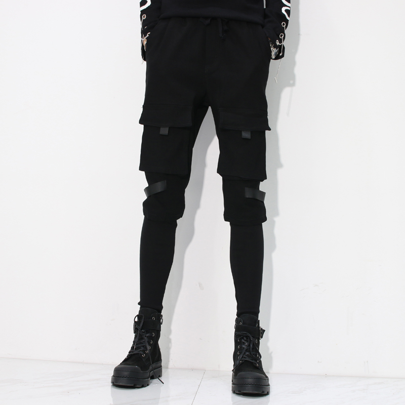 发型师潮牌男装嘻哈裤工装修身小束脚哈伦裤黑色春秋街头帅气收口
