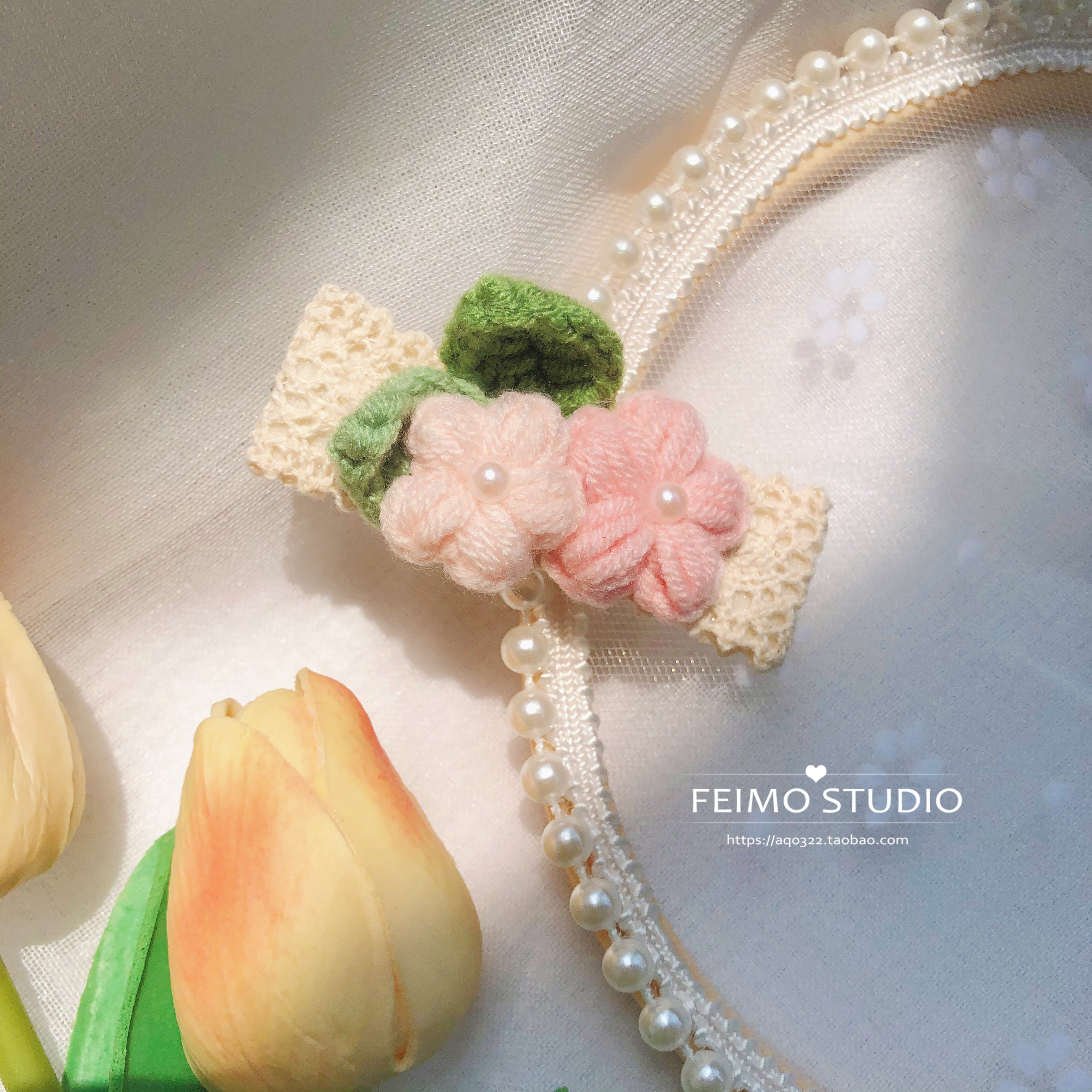 秋冬新款桃桃乌龙钩针毛线发夹粉色芙花bb发饰