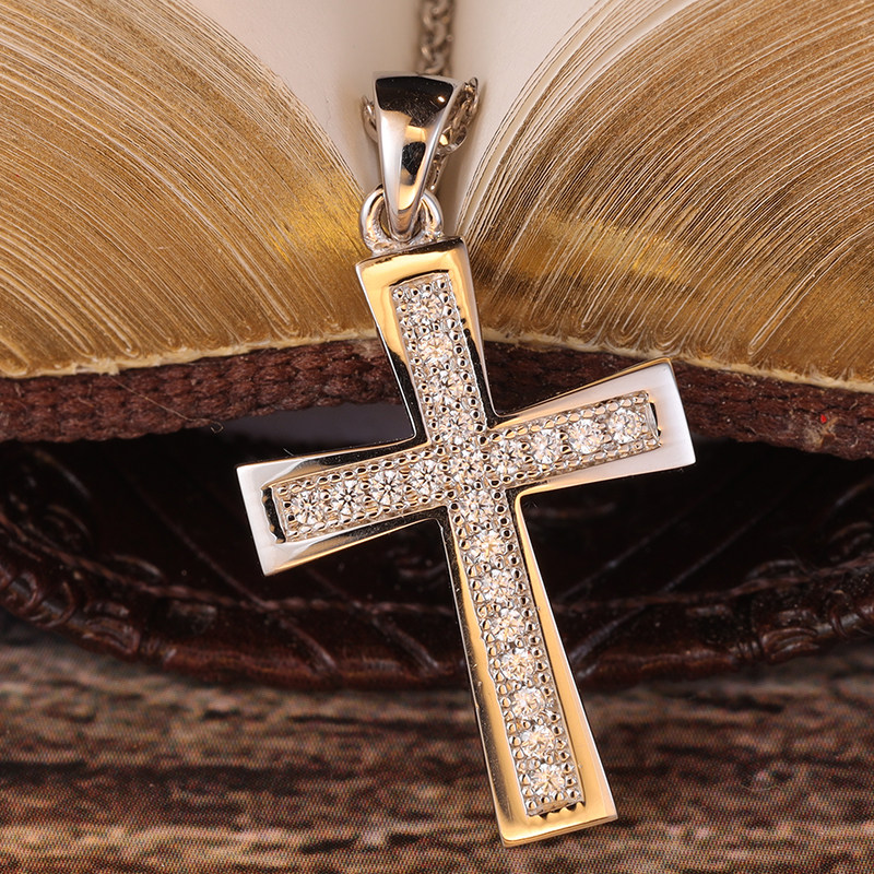 项链链颈毛衣真钻十字架基督教白金彩金吊坠钻石颈饰