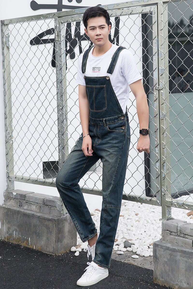 港仔潮男英伦直筒吊带男士韩版复古百搭连体牛仔裤