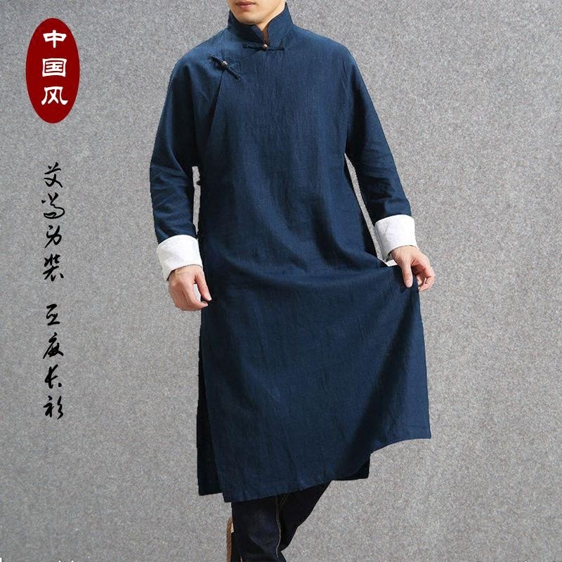 春季中国国风棉麻民国长衫中式长袍宽松立领民族服装