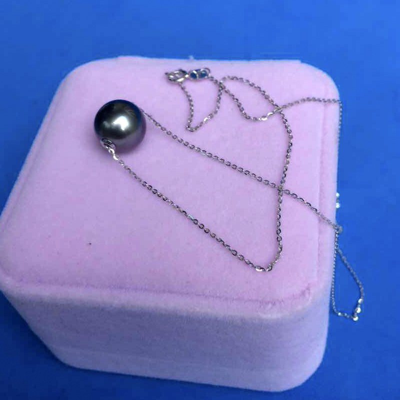 大溪地海水珍珠路路通吊坠强光正圆无暇18k白金灰色珍珠锁骨项链