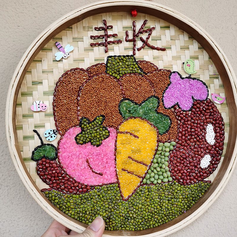 贴画五谷杂粮丰收果实竹匾画成品儿童手工材料包幼儿手工创意粘贴类