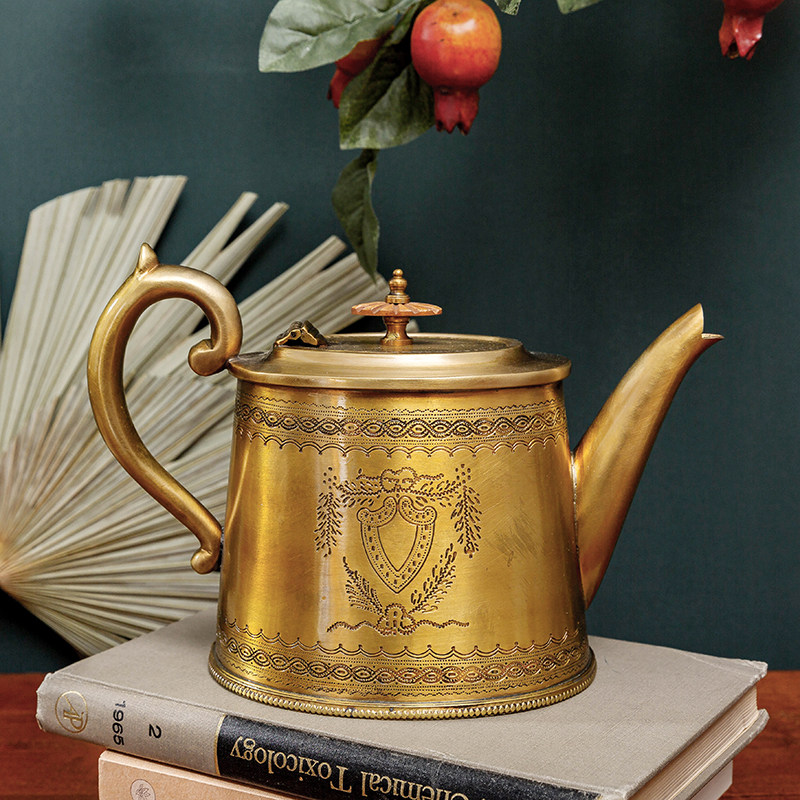进口铜制刻花高档冷水水壶复古欧式黄铜客厅茶壶