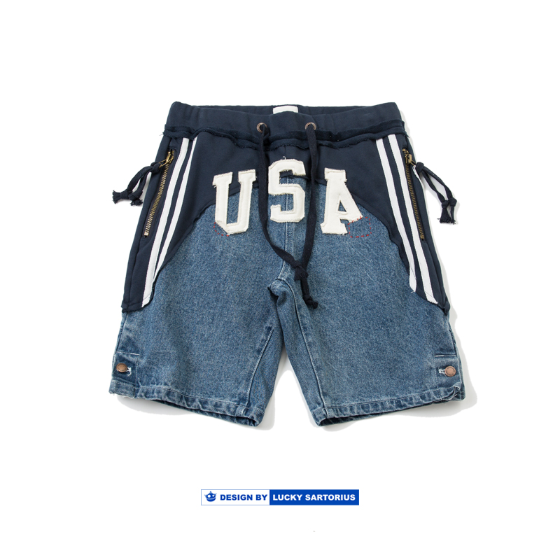 GL高街风立体USA贴布款牛仔拼接短裤重水洗工艺男士青年夏季男裤