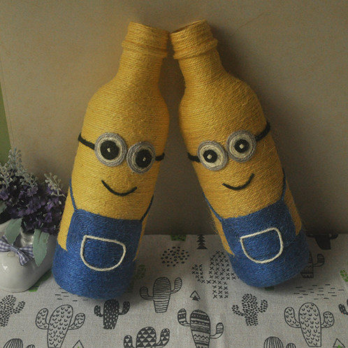 新品环保手工小制作卡通矿泉水瓶废物利用麻绳花瓶幼儿园作业