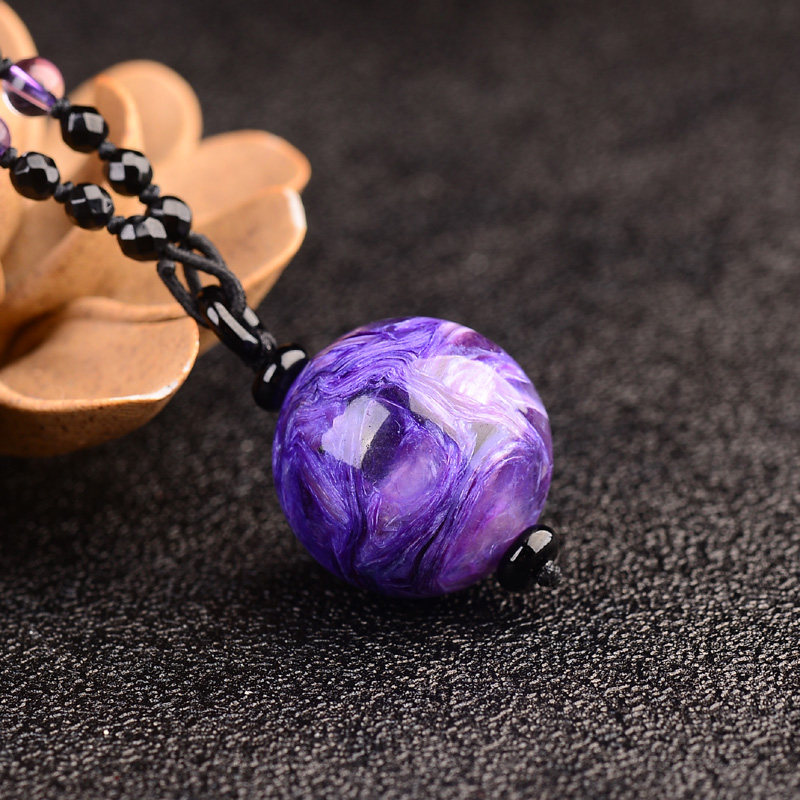 天然紫龙晶珠吊坠稀有老坑料查罗石单珠圆珠大龙纹项