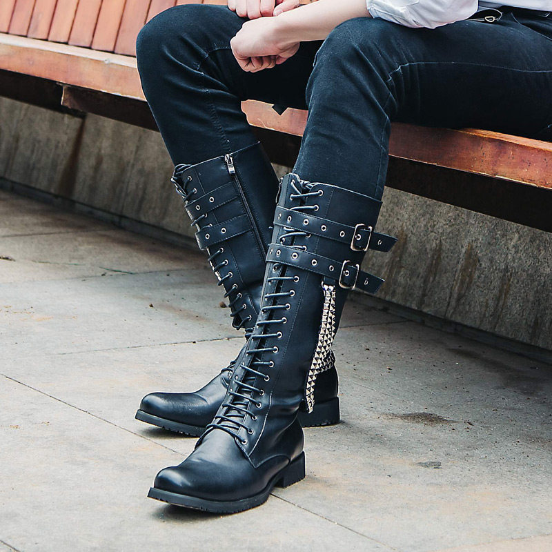 冬季高筒朋克男士皮靴厚底时尚舞台演出靴潮流马丁靴长筒男靴子