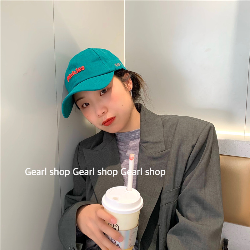炒鸡显白pickles刺绣字母鸭舌帽韩国ins湖蓝蓝色帽子