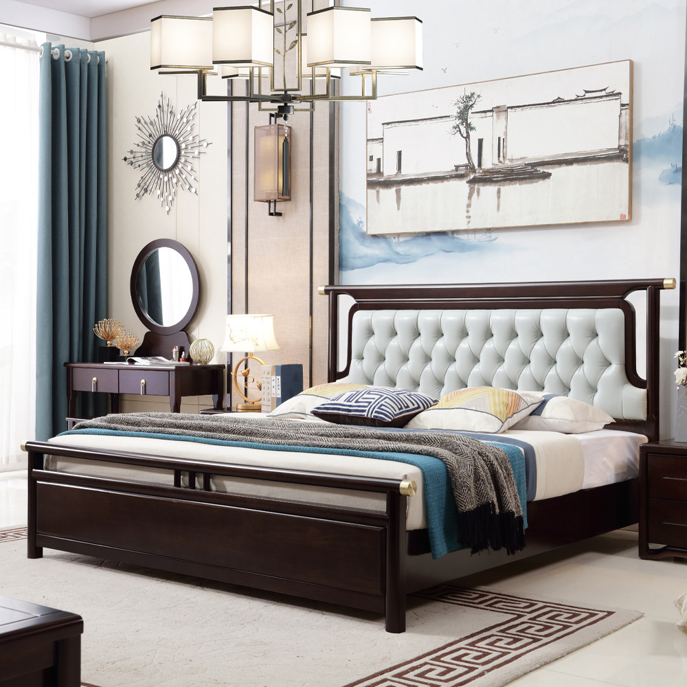 实木床新中式主卧床现代简约床高箱储物家具18m软靠双人经济婚床