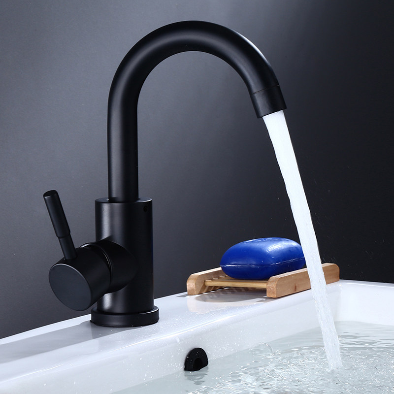 九牧王黑色卫生间洗脸盆不锈钢冷热冷热水水龙头单孔旋转面盆龙头