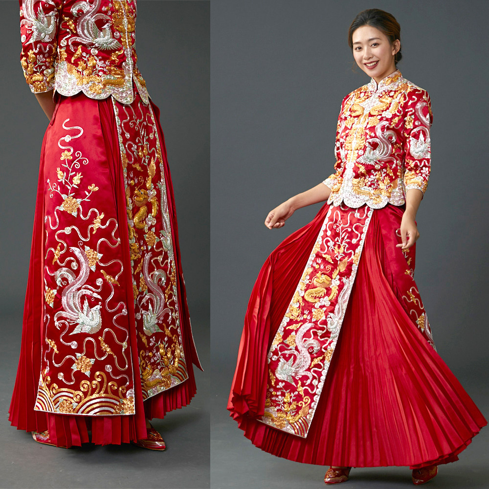 秀禾裙褂龙凤双喜嫁衣铺床结婚百褶裙刺绣银线礼服