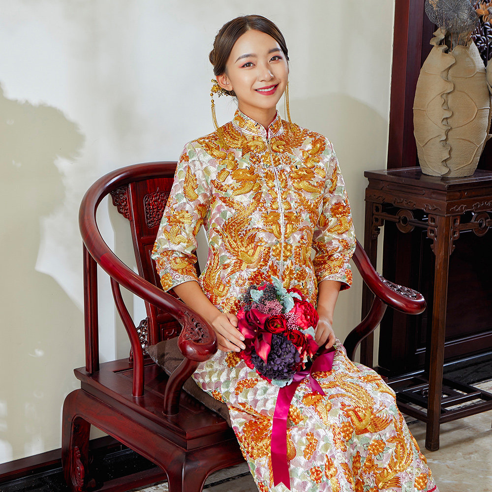 明星褂皇敬酒奢华中式裙褂龙凤双喜刺绣同款礼服