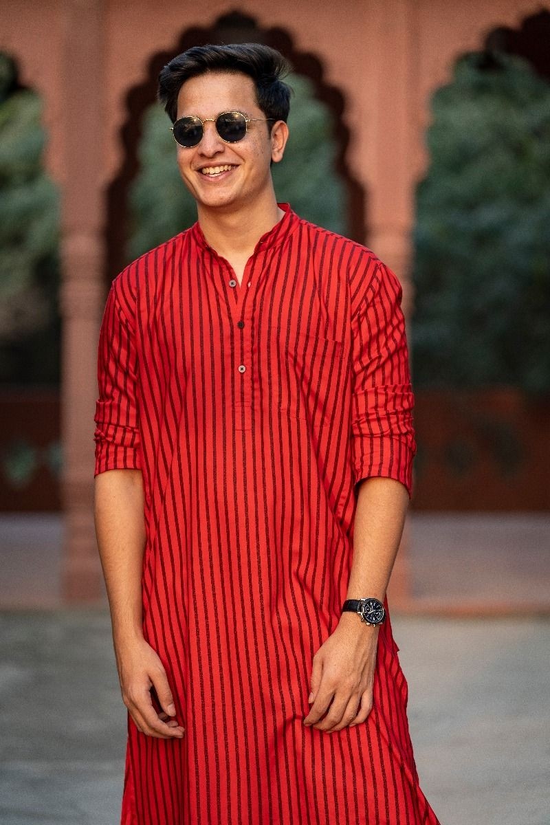 印度进口男装宽松纯棉传统正宗民族服饰红色条纹其他民族服装