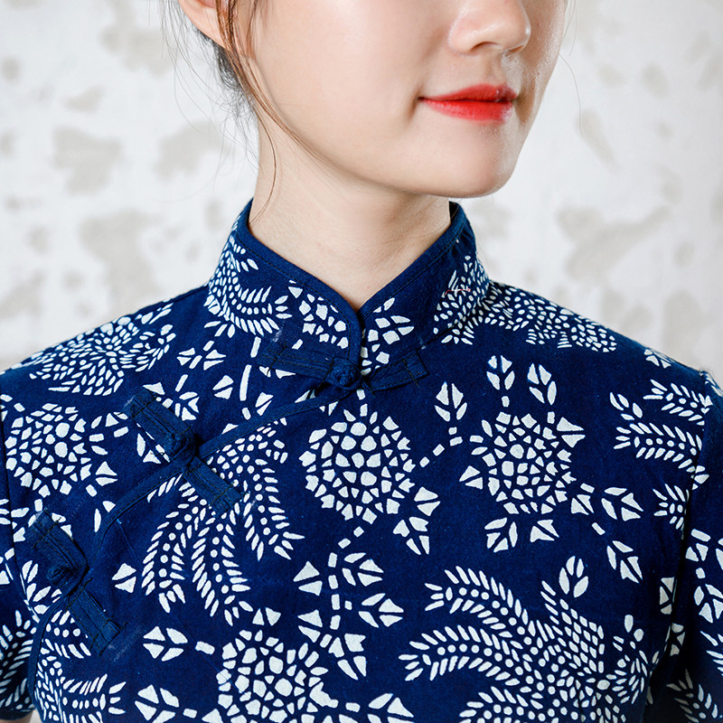 旗袍乌镇蓝印印花布短袖复古斜襟民族风纯棉中长连衣裙