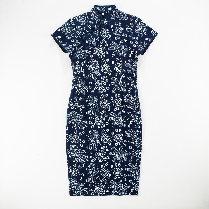 乌镇蓝印花布短袖旗袍复古斜襟民族风纯棉中长款旗袍春夏盘扣女装
