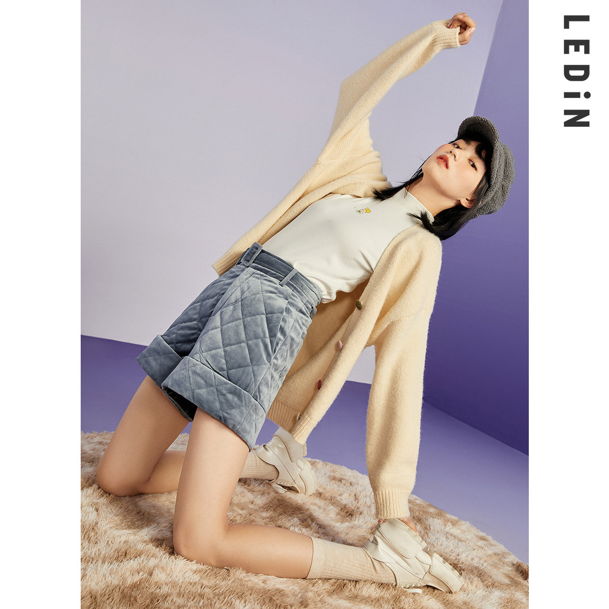 乐町丝绒短裤2020冬装新款高腰绗缝菱格加厚休闲裤