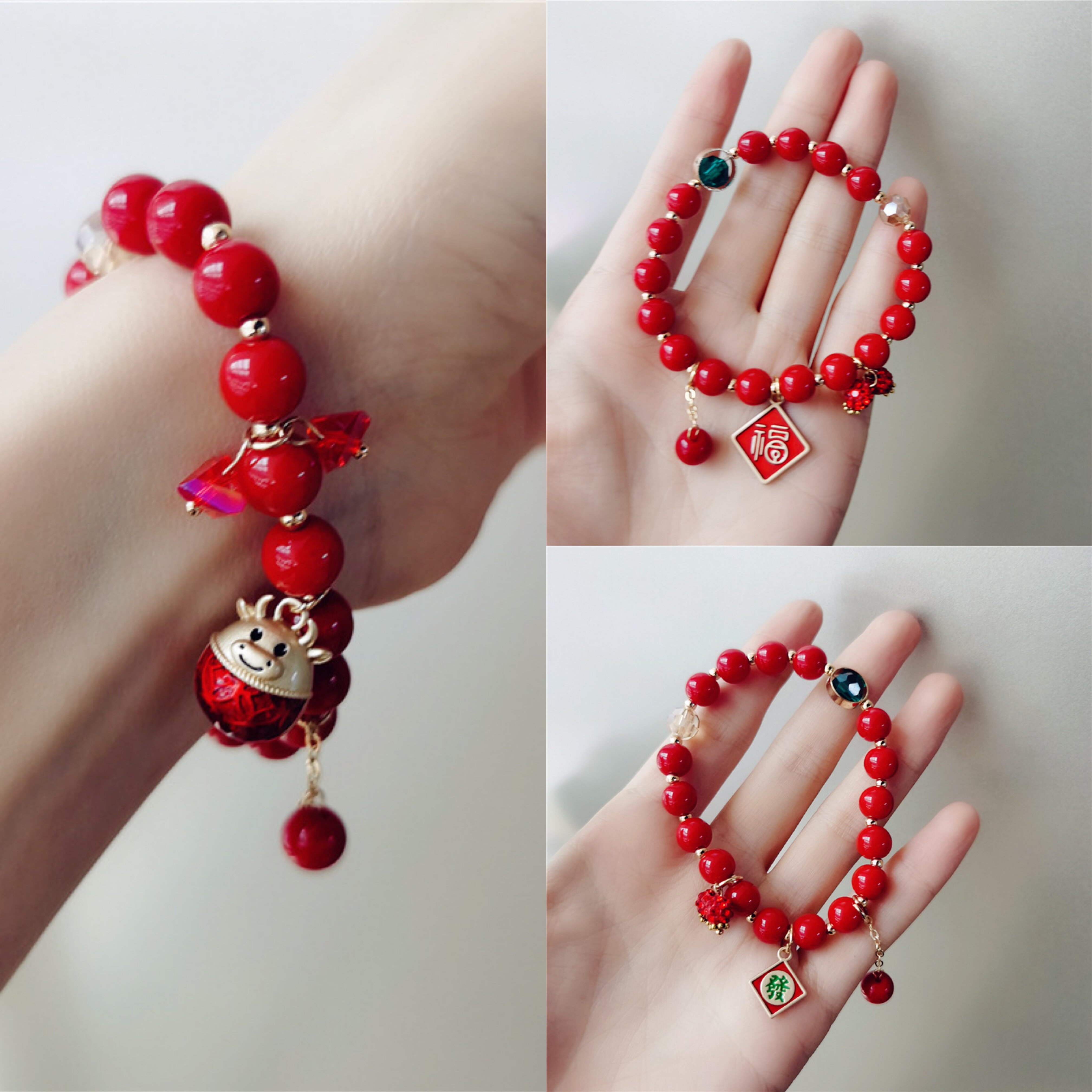 小牛手串本命年红色水晶弹力手饰中国红石石头手链