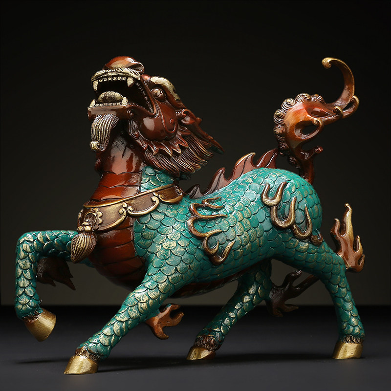 中式仿古纯铜彩绘神兽祥瑞火麒麟招财镇家居风水装饰摆件