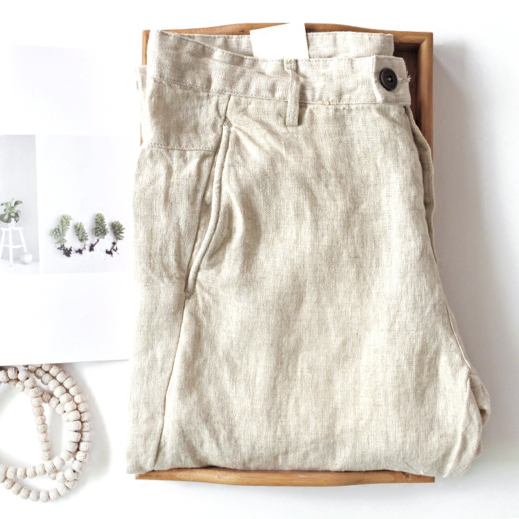 外贸日系原单高品质秋亚麻裤子透气商务小脚裤直筒纯棉麻料长裤男