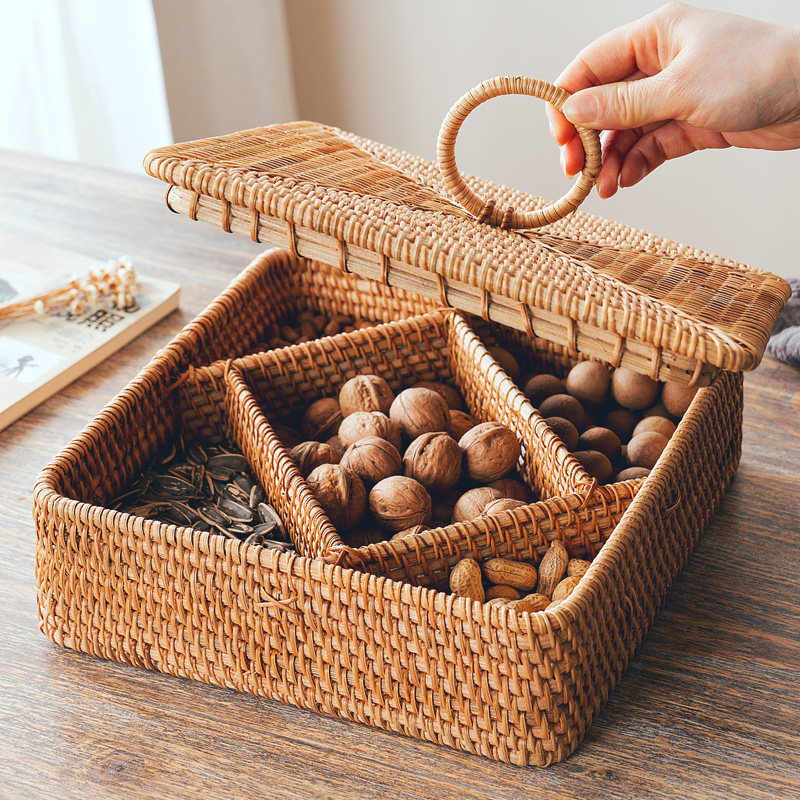 手工藤编织干果盘客厅茶几零食盘瓜子盘糖果盘坚果盘创意分格果篮