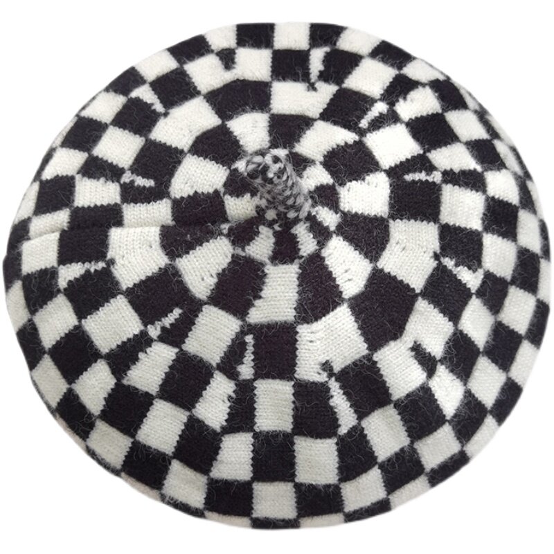黑白黑白棋棋盘棋盘格格子贝雷帽女式秋冬季韩版网红帽子
