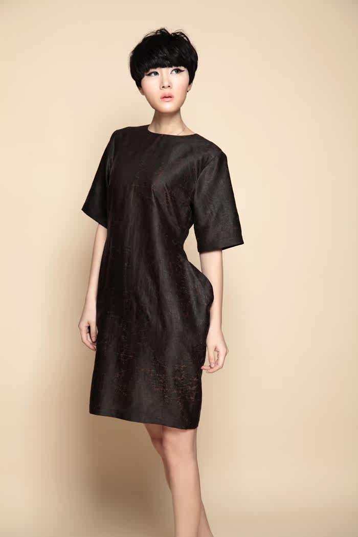 大牌时尚莨绸真丝龟纹香云中式女士圆领半袖连衣裙