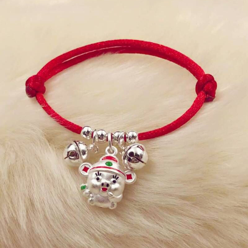 990纯银手链男女小猪年狗猴铃铛红绳教练婴儿童宝宝满月小孩亲子 - 尊