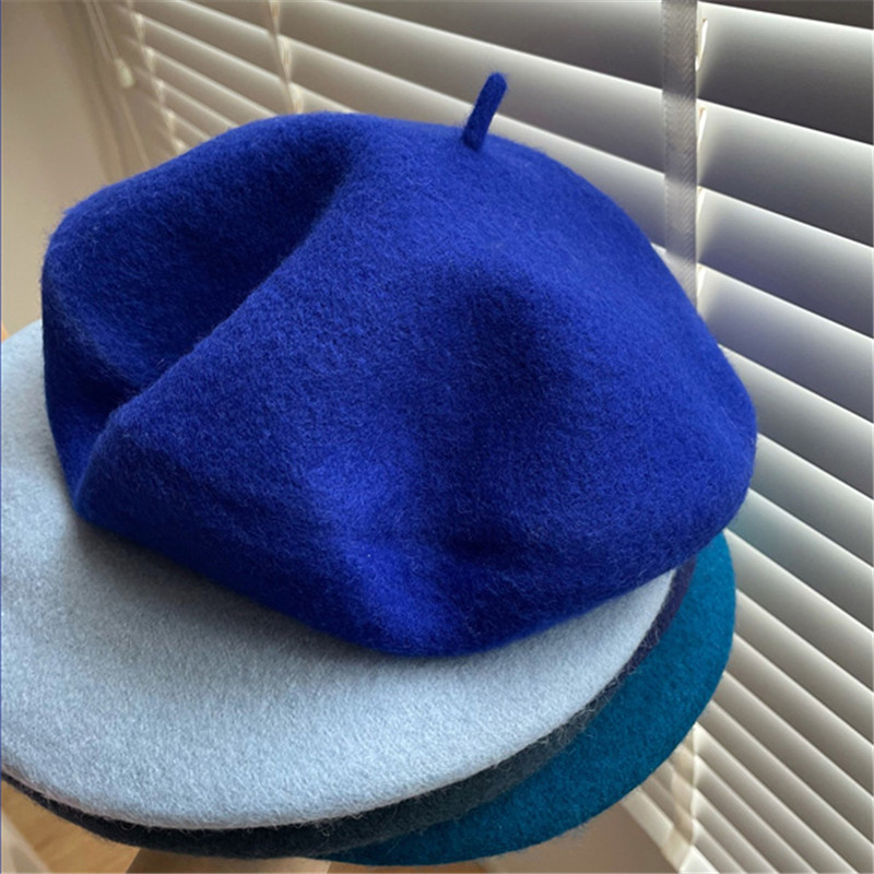 inzina克莱因蓝羊毛呢贝雷帽春秋款日系甜美女冬季帽子