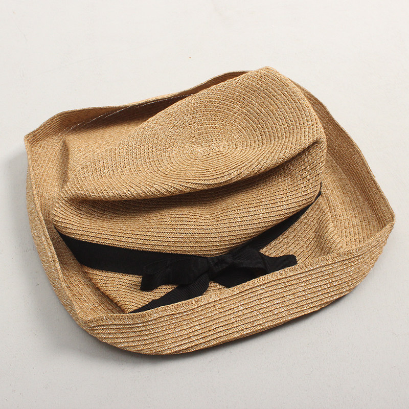 日本草帽夏季遮阳防晒可折叠渔夫经典褶皱蝴蝶结帽子
