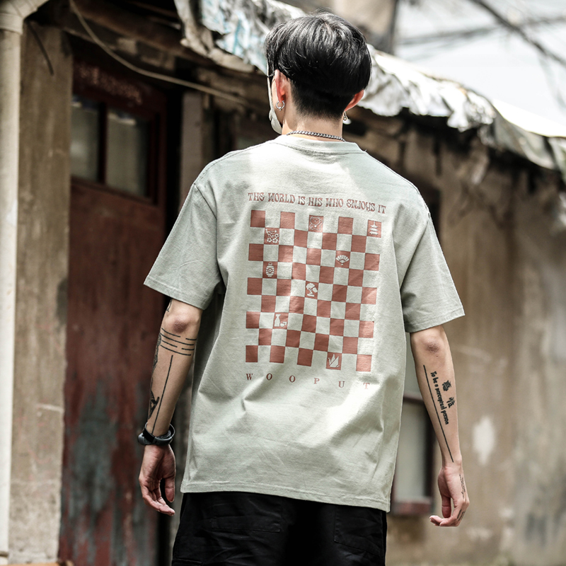 2022夏季新款重磅240G纯棉短袖男日系休闲棋盘格情侣宽松T恤上衣