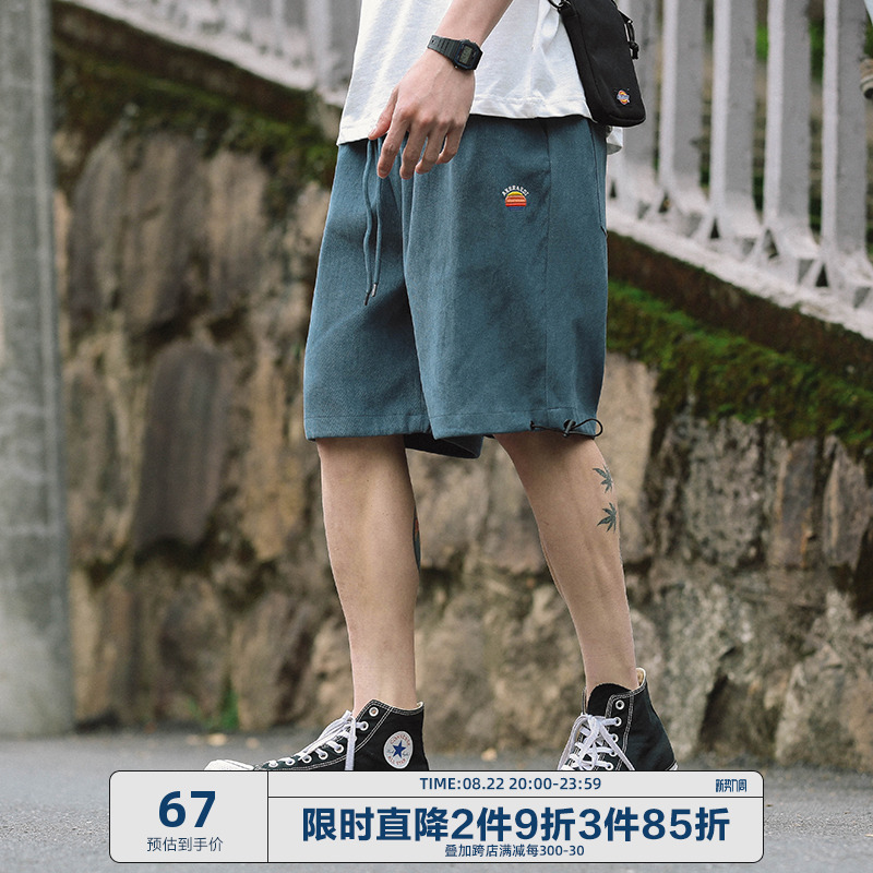 东京衣柜短裤男夏季纯色抽绳休闲潮牌复古宽松贴标运动五分裤中裤