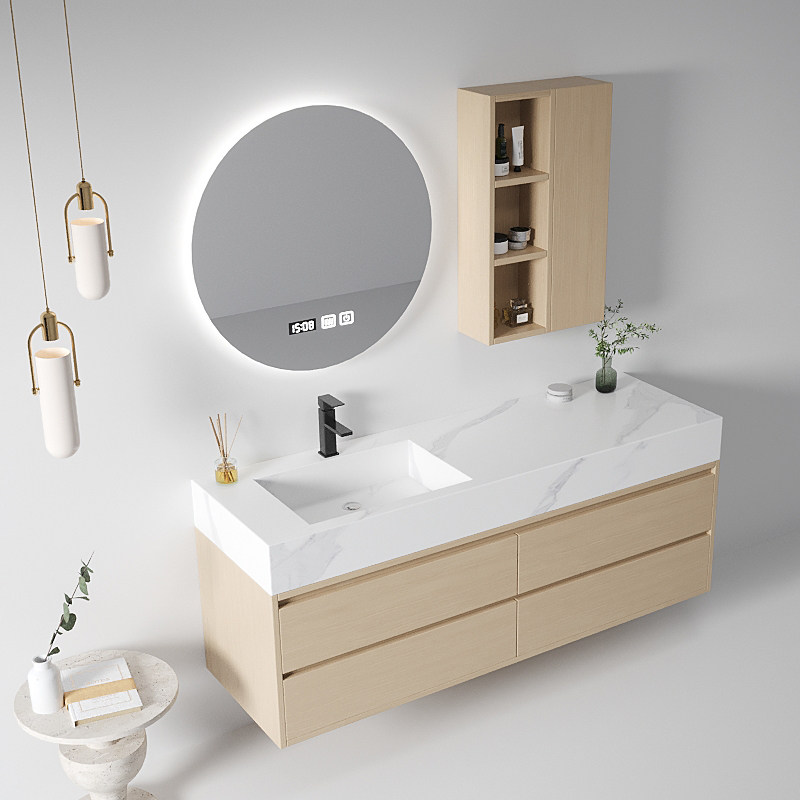 岩板一体盆浴室柜现代轻奢洗漱台卫生间洗手盆组合原木色实木定制