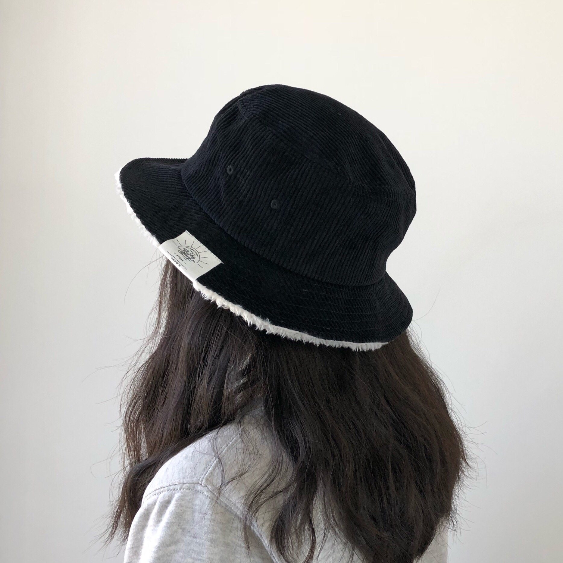 澳洲单黑色黑色百搭灯芯绒大头渔夫帽女日系帽子女帽子