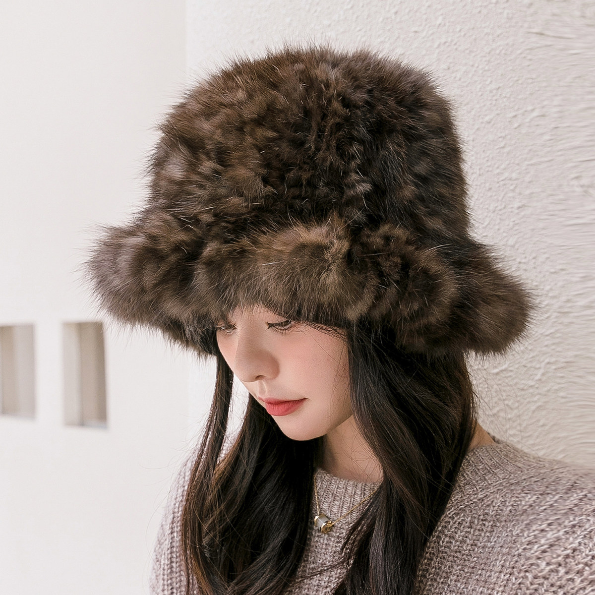 紫貂帽子女皮草毛毛帽子水貂貂毛优雅气质渔夫盆帽礼帽显脸小冬季