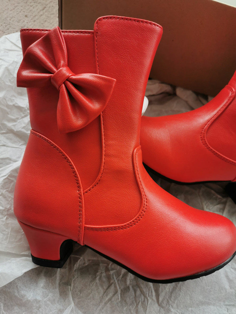 特价清仓全新女童高跟鞋加薄绒公主皮靴红色新年皮靴