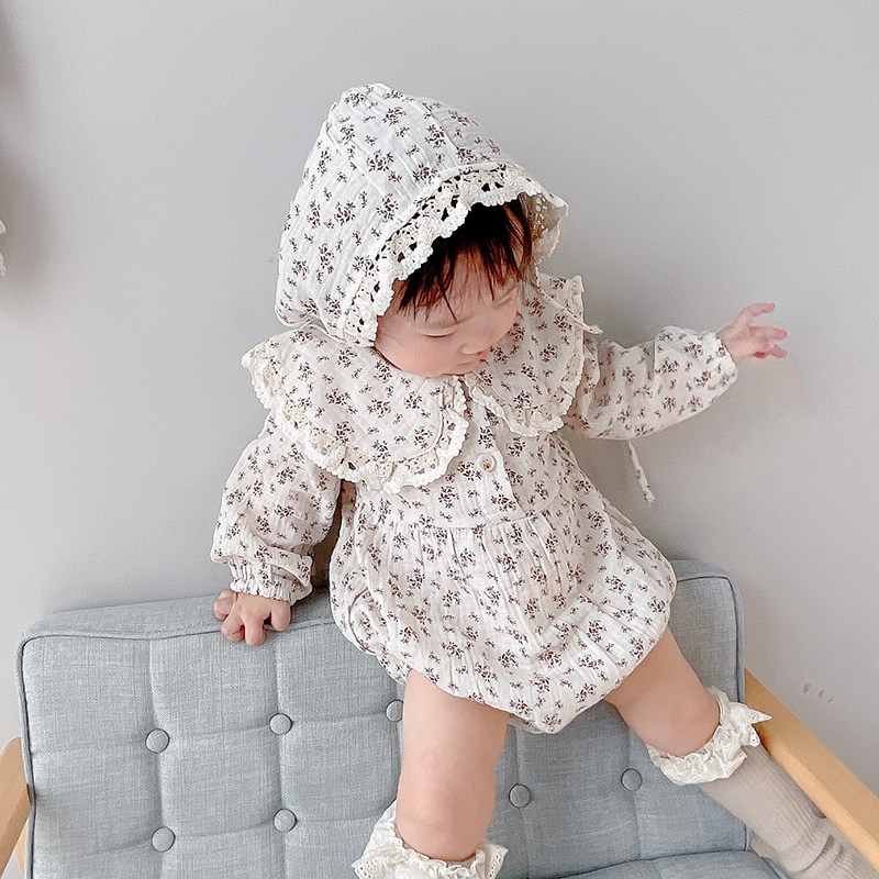 ins韩国婴儿春装宝宝翻领公主碎花连体衣纯棉连身衣