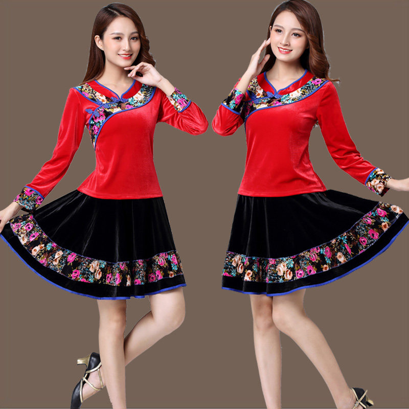 金丝绒广场舞服装新款套装秋季大妈跳舞裙子子女广场舞套装