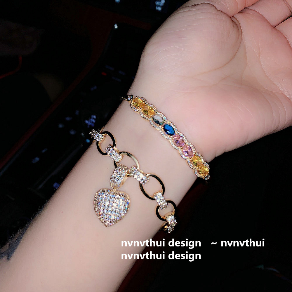 手镯彩虹18k真金超美彩色蓝宝石开口黄方钻方钻手镯