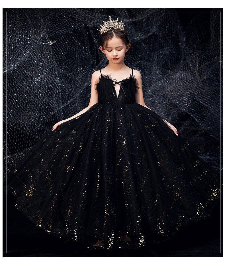 儿童礼服女童公主蓬蓬黑色模特走秀钢琴表演小女孩连衣裙