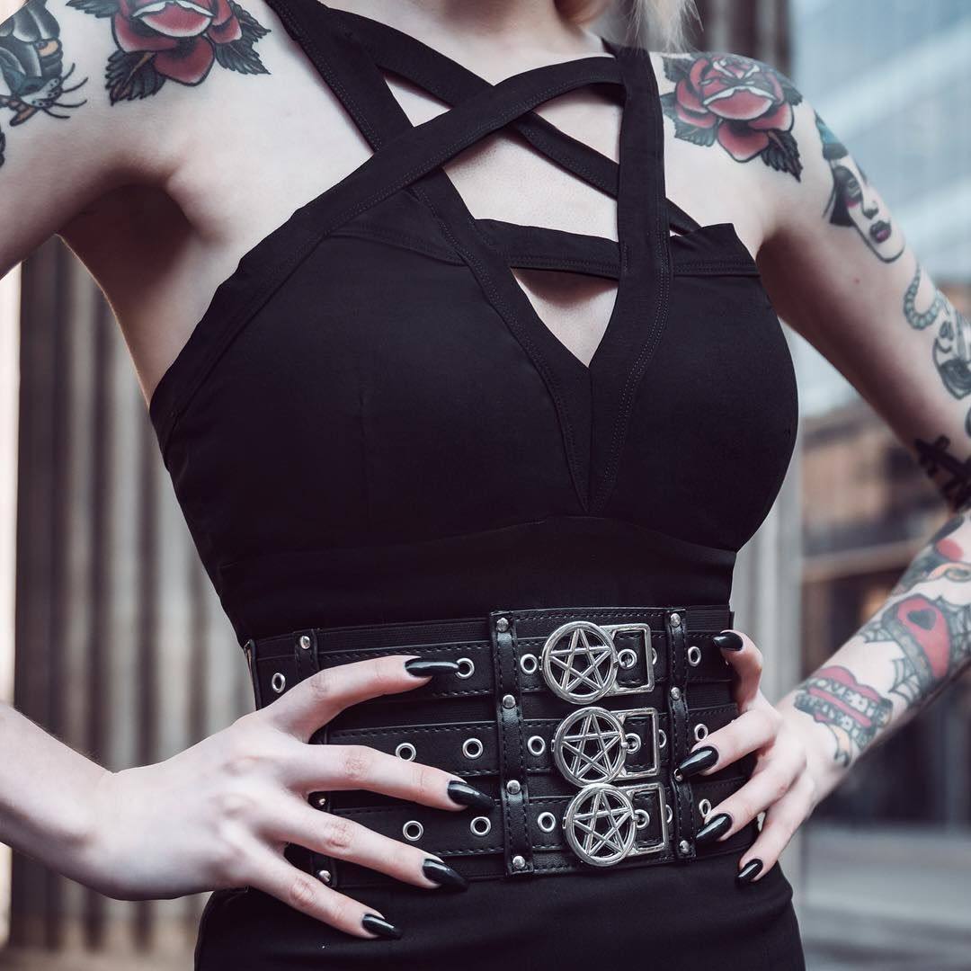 潮牌killstarslayyes哥特朋克摇滚滚倒五芒星铆钉腰带