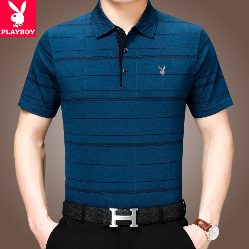 花花公子短袖t恤男装桑蚕丝爸爸夏季上衣服中年大码体桖polo衫男